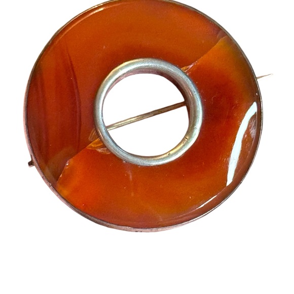 Antique Scottish agate round donut Circular Brooch sterling silver 925 - Picture 2 of 3